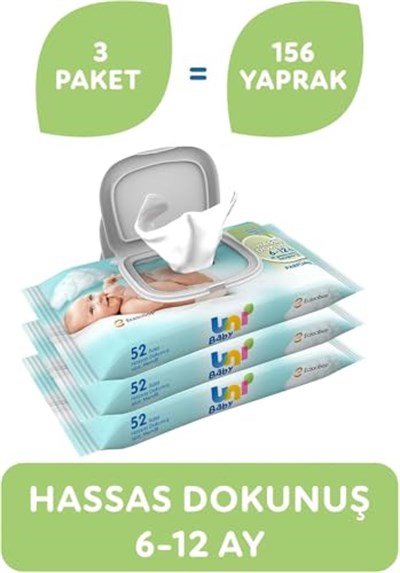 Uni Baby Hassas Dokunuş 156 Yaprak Parfümsüz Islak Mendil, Beyaz, 6-12 Ay (3 x 52 Adet)