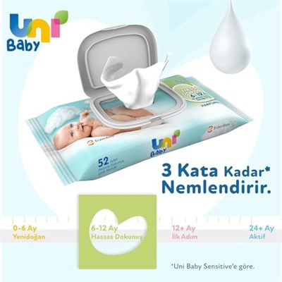 Uni Baby Hassas Dokunuş 156 Yaprak Parfümsüz Islak Mendil, Beyaz, 6-12 Ay (3 x 52 Adet)