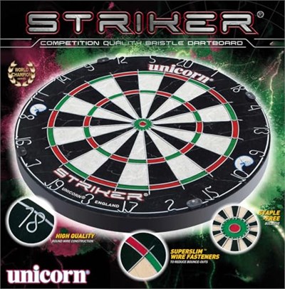 Unicorn Striker, Classic, and Contender Bristle Steel Tip Dartboard Models - Recreational-Quality Bristle Dartboard - Rotatable Metal Number Ring - Slim Wire Fasteners to Reduce Bounce Outs