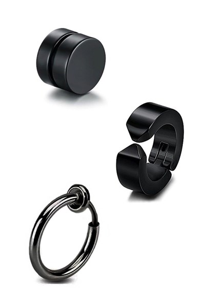 Unisex Gümüş 3 Adet Deliksiz Sıkıştırmalı Mıknatıslı Çelik Küpe Set