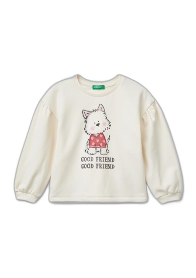 United Colors of Benetton Arkası Logo Detaylı Önü Baskılı Balon Kol Sweatshirt Sweatshirt Kız çocuk