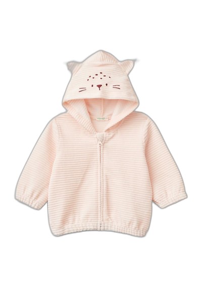 United Colors of Benetton Bebek Toz Mavi Kulaklı ve İşlemeli Kapüşon Detaylı Fermuarlı Sweatshirt