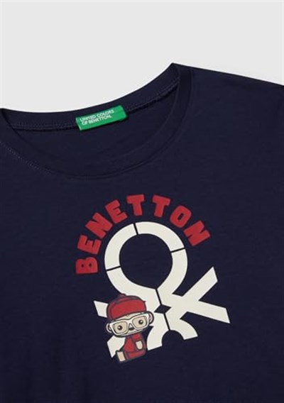 United Colors of Benetton Çok Renkli Logo Baskılı Bisiklet Yaka Uzun Kollu T-Shirt Erkek Çocuk T-Shirt, Lacivert, XS