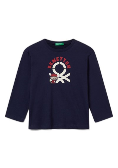 United Colors of Benetton Çok Renkli Logo Baskılı Bisiklet Yaka Uzun Kollu T-Shirt Erkek Çocuk T-Shirt, Lacivert, XS
