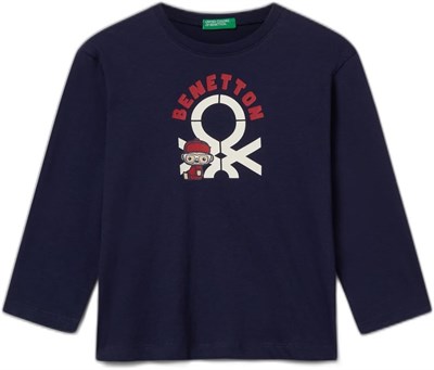 United Colors of Benetton Çok Renkli Logo Baskılı Bisiklet Yaka Uzun Kollu T-Shirt Erkek Çocuk T-Shirt, Lacivert, XS