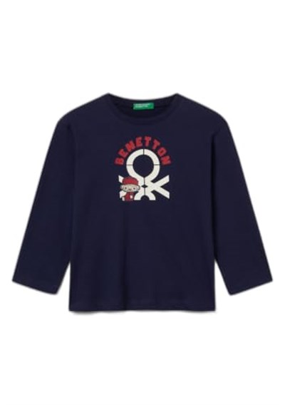 United Colors of Benetton Çok Renkli Logo Baskılı Bisiklet Yaka Uzun Kollu T-Shirt Erkek Çocuk T-Shirt, Lacivert, XS