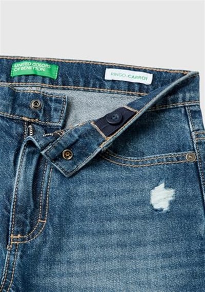 United Colors of Benetton Erkek Çocuk Denim Arka Cebi Logolu Yırtıklı Dört Cepli Denim Pantolon
