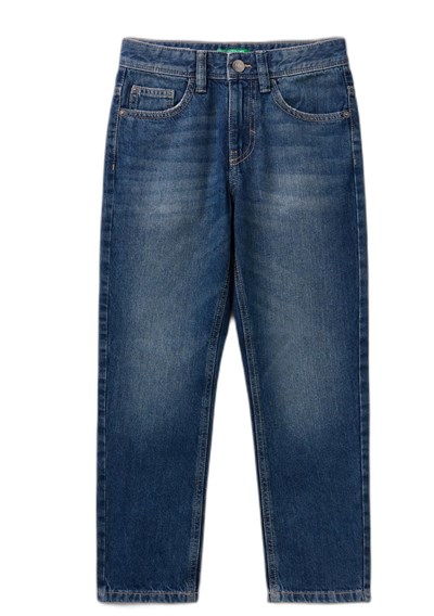 United Colors of Benetton Erkek Çocuk Koyu Denim Arkası Logo İşlemeli 5 Cepli Düz Kesim Denim Pantolon