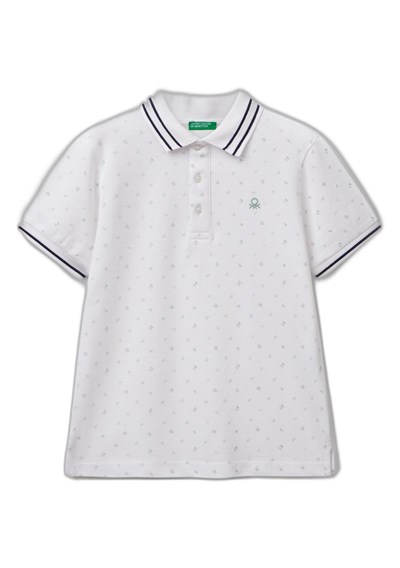 United Colors of Benetton Erkek Çocuk Beyaz Desenli Çizgili Polo T-Shirt