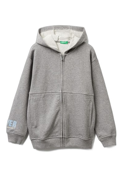 United Colors of Benetton Erkek Çocuk Antrasit Melanj Baskılı Önü Fermuarlı Kapüşonlu Oversize Sweatshirt, 7-8 Yaş, 225A3J68C505G, Antrasit Melanj, erkek-çocuk