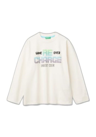 United Colors of Benetton Erkek Çocuk Ekru 3 Boyutlu Efektli Çok Renkli Baskılı Uzun Kollu T-Shirt