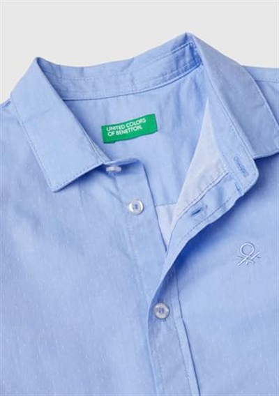 United Colors of Benetton Erkek Çocuk Mavi Göğsü İşlemeli Logolu Armürlü Uzun Kollu Gömlek