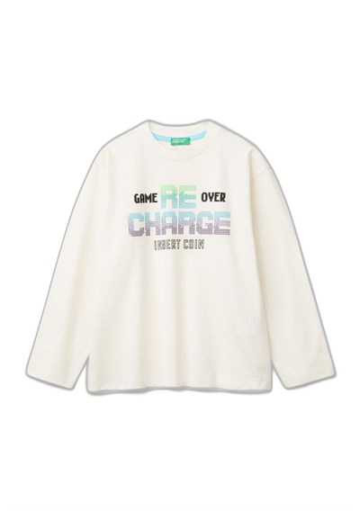 United Colors of Benetton Erkek Çocuk Ekru 3 Boyutlu Efektli Çok Renkli Baskılı Uzun Kollu T-Shirt