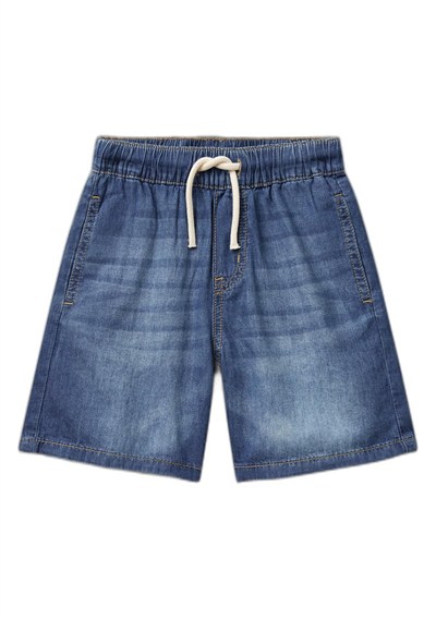 United Colors of Benetton Erkek Çocuk Koyu Denim Arka Cebi Logo İşlemeli Büzgü İpli Denim Bermuda Şort