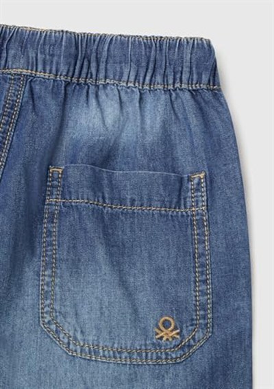 United Colors of Benetton Erkek Çocuk Koyu Denim Arka Cebi Logo İşlemeli Büzgü İpli Denim Bermuda Şort