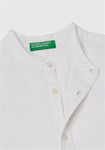 United Colors of Benetton Erkek Çocuk Ekru Keten Karışımlı Hakim Yaka Kısa Kollu Gömlek