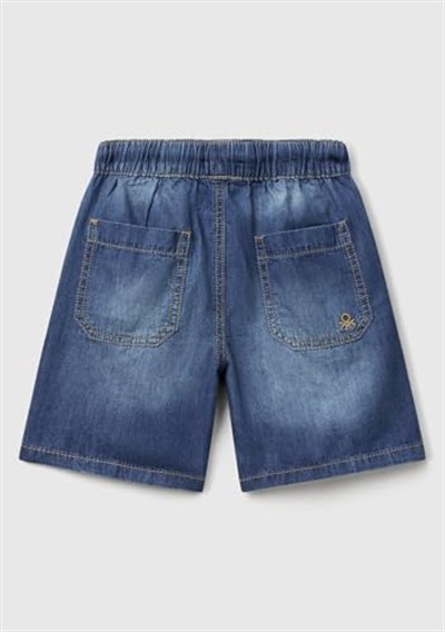United Colors of Benetton Erkek Çocuk Koyu Denim Arka Cebi Logo İşlemeli Büzgü İpli Denim Bermuda Şort