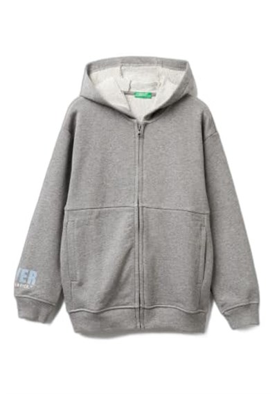 United Colors of Benetton Erkek Çocuk Antrasit Melanj Baskılı Önü Fermuarlı Kapüşonlu Oversize Sweatshirt, 7-8 Yaş, 225A3J68C505G, Antrasit Melanj, erkek-çocuk