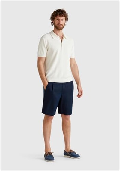 United Colors of Benetton Erkek Lacivert%100 Keten Büzgü İpli Düğmeli Pile Detaylı Bermuda Şort