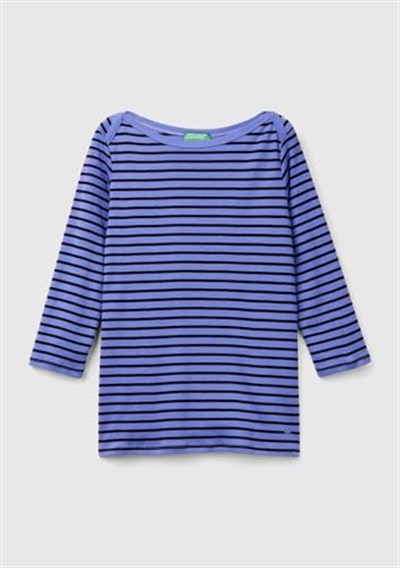 United Colors of Benetton Kadın Mavi%100 Pamuk Sol Altı Logolu Uzun Kollu Kayık Yaka T-Shirt