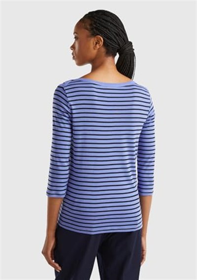 United Colors of Benetton Kadın Mavi%100 Pamuk Sol Altı Logolu Uzun Kollu Kayık Yaka T-Shirt