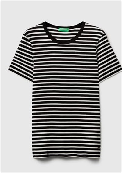 United Colors of Benetton Kadın Mor Mix%100 Pamuk Sol Altı Logolu Çizgili Yuvarlak Yaka T-Shirt