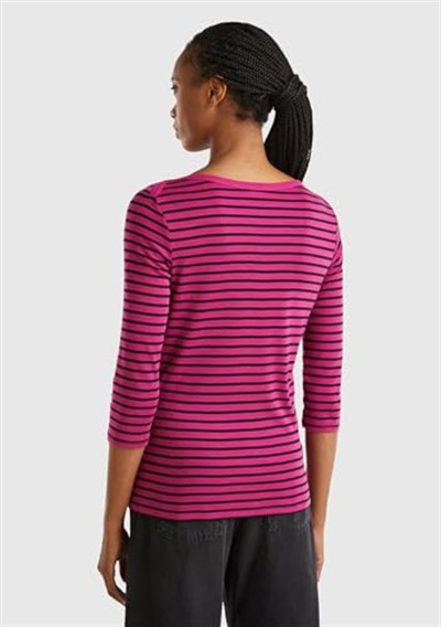 United Colors of Benetton Kadın Mor Mix%100 Pamuk Sol Altı Logolu Uzun Kollu Kayık Yaka T-Shirt