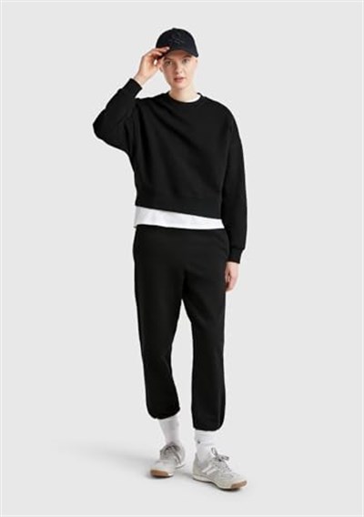 United Colors of Benetton Kadın Siyah%100 Pamuk Manşetli Beli Lastikli Regular Fit Eşofman Altı, Siyah, XL