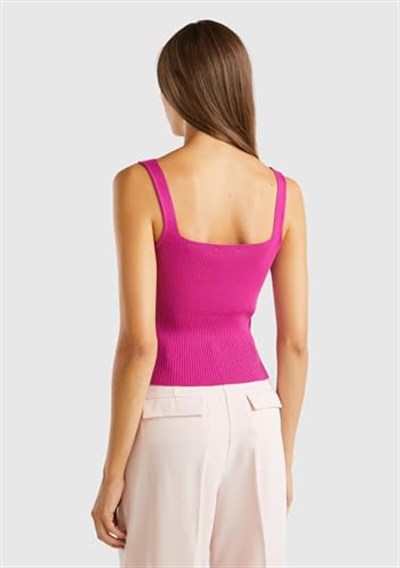 United Colors of Benetton Kadın Viskoz Karışımlı Nervür Detaylı Kare Yaka Askılı Üst, 124A1090DH019