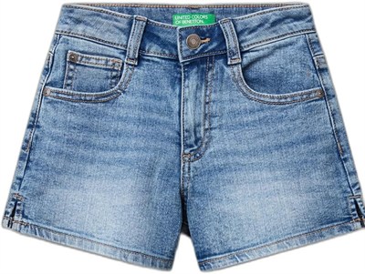 United Colors of Benetton Kız Çocuk Açık Denim Taş Yıkama Logo İşlemeli Streç Denim Şort