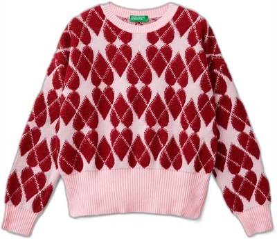 United Colors of Benetton Kız Çocuk Açık Pembe Tamamı Desenli Jakarlı Bisiklet Yaka Kazak