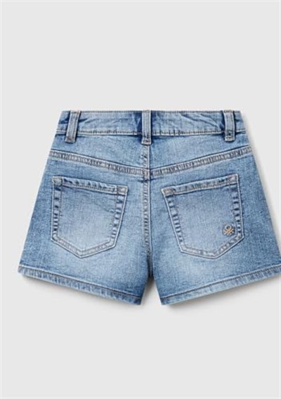 United Colors of Benetton Kız Çocuk Açık Denim Taş Yıkama Logo İşlemeli Streç Denim Şort