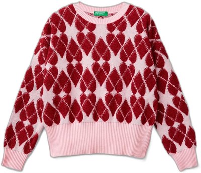 United Colors of Benetton Kız Çocuk Açık Pembe Tamamı Desenli Jakarlı Bisiklet Yaka Kazak
