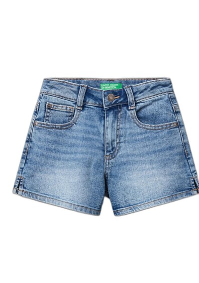United Colors of Benetton Kız Çocuk Açık Denim Taş Yıkama Logo İşlemeli Streç Denim Şort