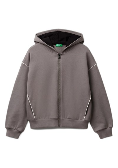 United Colors of Benetton Kız Çocuk Antrasit Kontrastlı Logo Etiketli Kapüşonlu Fermuarlı Oversize Sweatshirt