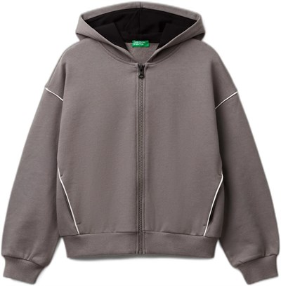 United Colors of Benetton Kız Çocuk Antrasit Kontrastlı Logo Etiketli Kapüşonlu Fermuarlı Oversize Sweatshirt