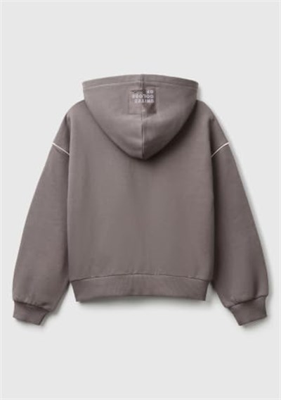 United Colors of Benetton Kız Çocuk Antrasit Kontrastlı Logo Etiketli Kapüşonlu Fermuarlı Oversize Sweatshirt
