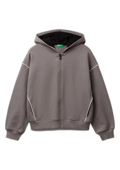 United Colors of Benetton Kız Çocuk Antrasit Kontrastlı Logo Etiketli Kapüşonlu Fermuarlı Oversize Sweatshirt