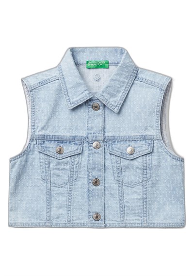 United Colors of Benetton Kız Çocuk Denim Logo İşleme Detaylı Düğmeli Önü Cepli Denim Yelek, Denim