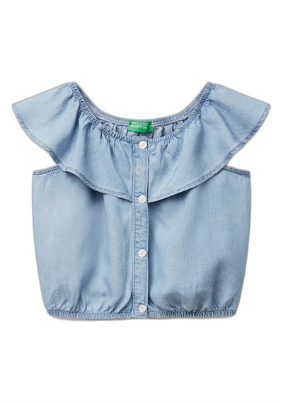 United Colors of Benetton Kız Çocuk Denim%100 Liyosel Yakası Fırfırlı Lastikli Kolsuz Crop Gömlek