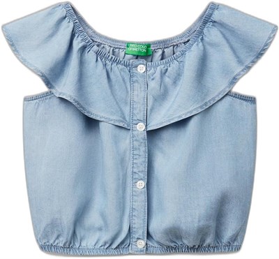 United Colors of Benetton Kız Çocuk Denim%100 Liyosel Yakası Fırfırlı Lastikli Kolsuz Crop Gömlek