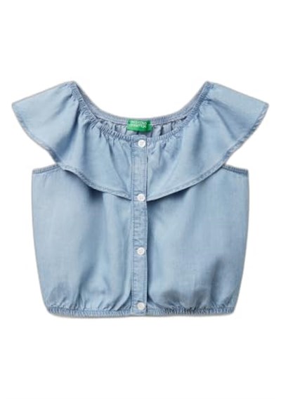 United Colors of Benetton Kız Çocuk Denim%100 Liyosel Yakası Fırfırlı Lastikli Kolsuz Crop Gömlek
