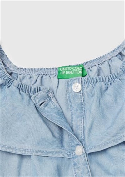 United Colors of Benetton Kız Çocuk Denim%100 Liyosel Yakası Fırfırlı Lastikli Kolsuz Crop Gömlek