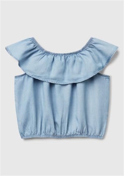 United Colors of Benetton Kız Çocuk Denim%100 Liyosel Yakası Fırfırlı Lastikli Kolsuz Crop Gömlek