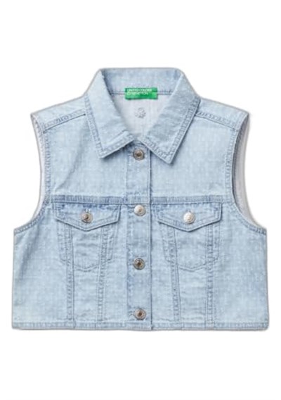 United Colors of Benetton Kız Çocuk Denim Logo İşleme Detaylı Düğmeli Önü Cepli Denim Yelek, Denim
