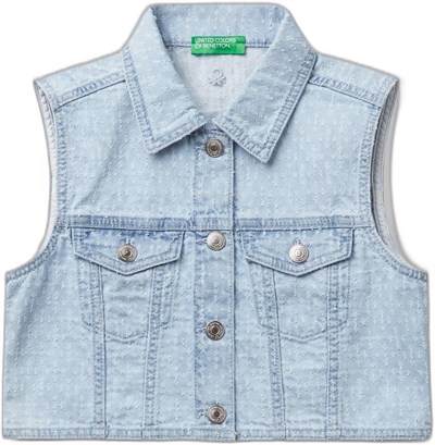 United Colors of Benetton Kız Çocuk Denim Logo İşleme Detaylı Düğmeli Önü Cepli Denim Yelek, Denim