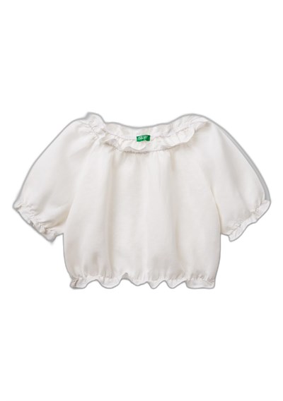 United Colors of Benetton Kız Çocuk Keten Karışımlı Büzgü Dikişli Kısa Kollu Bluz, 5IPVCQ03S