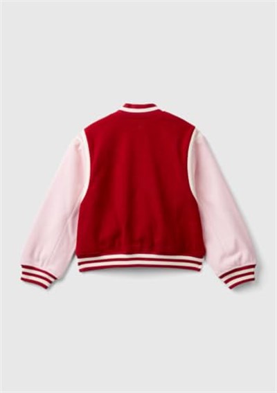 United Colors of Benetton Kız Çocuk Kırmızı Arkası Logo Detaylı Kontrast Renkli Kalpli Düğmeli Bomber Ceket, Kırmızı, 7-8 Yaş
