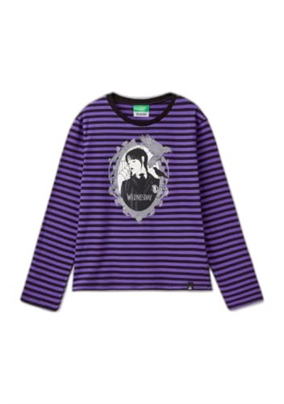 United Colors of Benetton Kız Çocuk Koyu Gri Etek Ucu Logo Etiketli Önü Fotoğraf Baskılı Çizgili T-Shirt