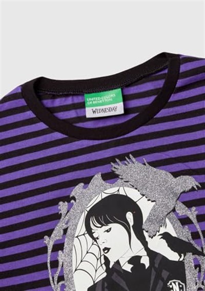 United Colors of Benetton Kız Çocuk Koyu Gri Etek Ucu Logo Etiketli Önü Fotoğraf Baskılı Çizgili T-Shirt
